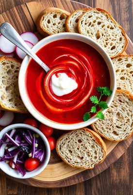 Red soup with cream and bread on a wooden tray