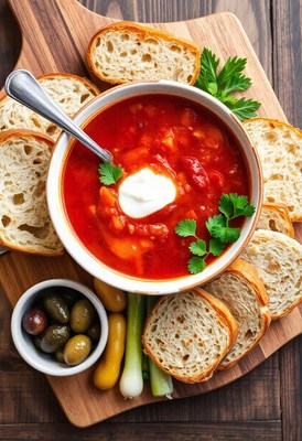 A bowl of red soup with bread and olives on a wooden board