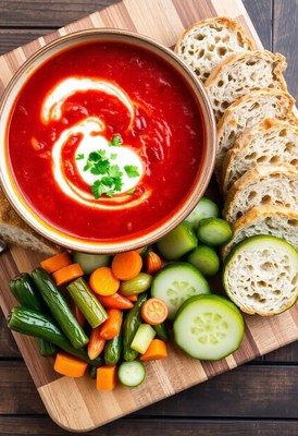 A bowl of tomato soup with bread and vegetables