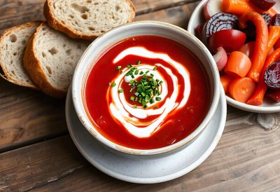 A bowl of tomato soup with a swirl of cream and chives