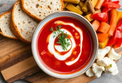 Red soup with cream swirl and parsley sprig