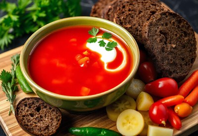 A bowl of tomato soup with a dollop of cream on top