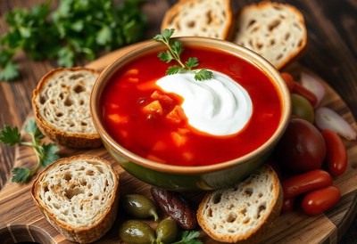 Bowl of borscht with sour cream and parsley