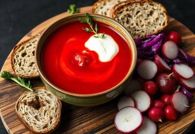 A bowl of bright red soup sits on a wooden cutting board