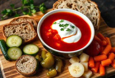 Red soup with sour cream and parsley on a board
