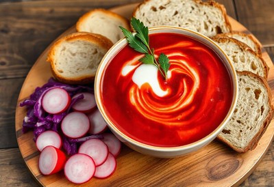 A bowl of red soup with bread and radishes