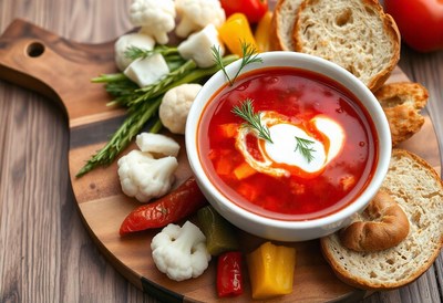 A bowl of borscht with a dollop of sour cream and dill