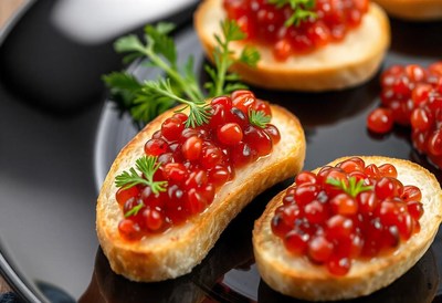 Toasted bread topped with red caviar and parsley