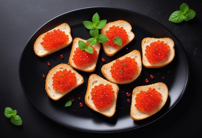 Red caviar on toast with mint garnish on a black plate