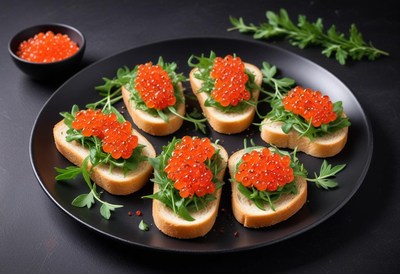 A plate of caviar and arugula appetizers