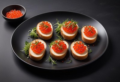 Six red caviar canapÃ©s on a black plate