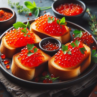Red caviar on toast with parsley
