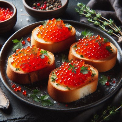 Four red caviar canapÃ©s on a black plate