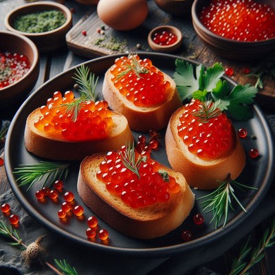 Four caviar toasts on a black plate
