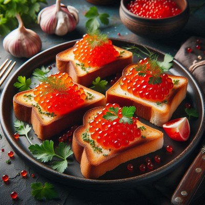 Four red caviar toasts on a black plate