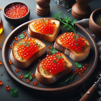 Four toast with caviar on a brown plate