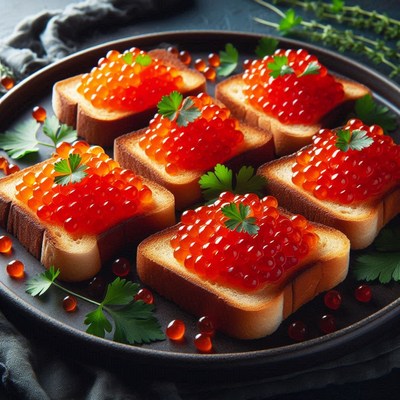 Red caviar on toast with parsley