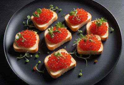 Six red caviar canapÃ©s on a black plate