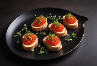 Five caviar toasts on a black plate