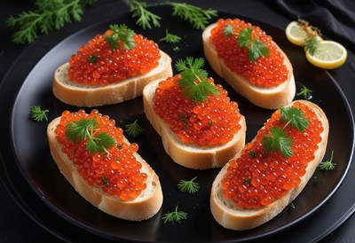 Five salmon roe canapés are arranged on a black plate