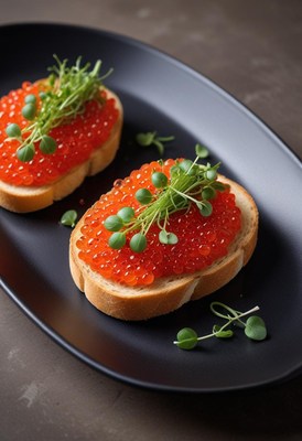 Bread with red caviar and greens on a black plate