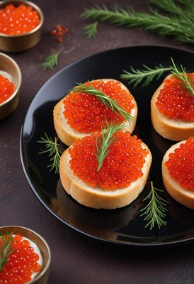 Red caviar on toast with dill sprigs