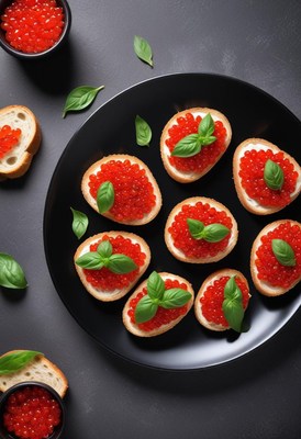 Red caviar canapés on a black plate with basil