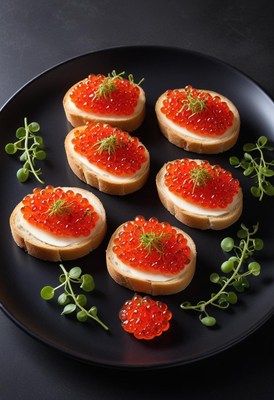 Red caviar on toast served on a black plate