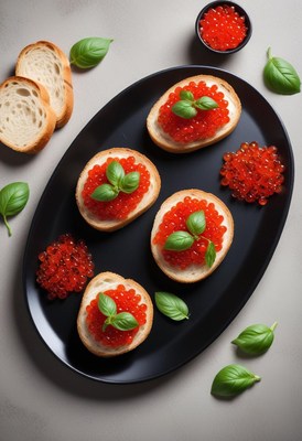 Four red caviar canapés with basil on a black plate