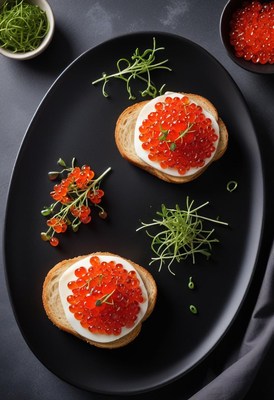 Two red caviar toasts on a black plate