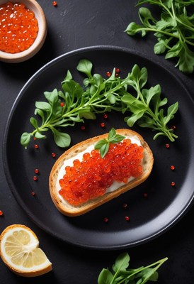 Red caviar toast with cream cheese on black plate