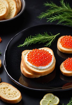 Red caviar on toast with rosemary garnish