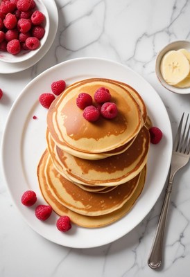 A stack of pancakes topped with raspberries on a white plate