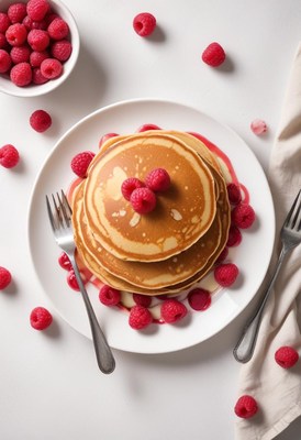A stack of fluffy pancakes topped with fresh raspberries