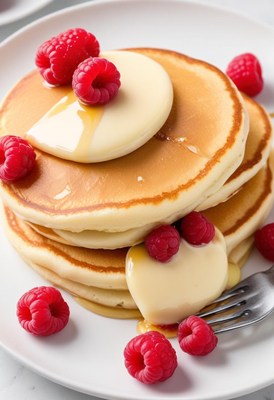 A stack of fluffy pancakes topped with raspberries and syrup