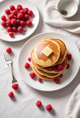 A plate of pancakes with butter and raspberries