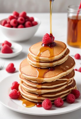 Stack of pancakes with syrup and a raspberry
