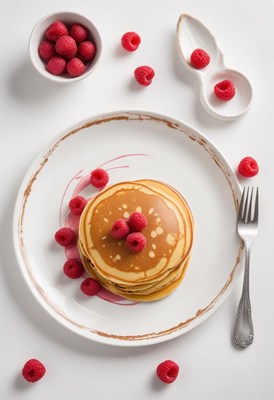 A stack of pancakes topped with raspberries on a white plate