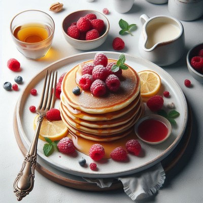 A stack of pancakes topped with raspberries and syrup