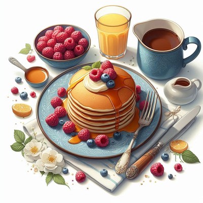 A stack of pancakes with fruit and syrup for breakfast