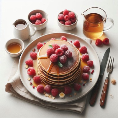 A stack of pancakes topped with raspberries and syrup