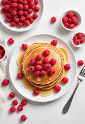A stack of fluffy pancakes topped with fresh raspberries