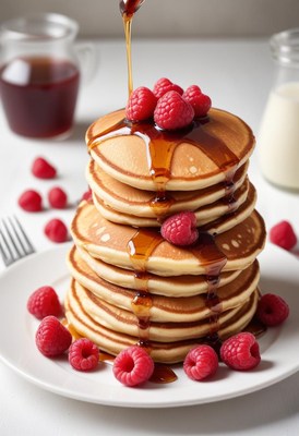 A stack of pancakes with syrup and raspberries