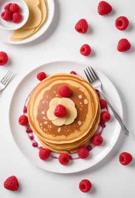 Pancakes with raspberries and banana on a white plate