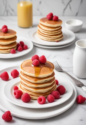 Fluffy pancakes with syrup and raspberries