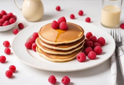 A stack of fluffy pancakes topped with raspberries and syrup