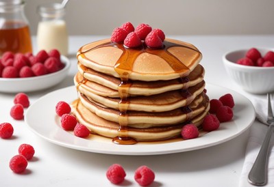 A stack of pancakes topped with raspberries and syrup
