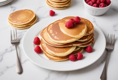 A stack of pancakes with raspberries on a white plate