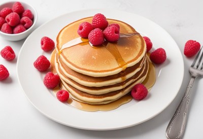 Fluffy pancakes with raspberries and syrup on a plate