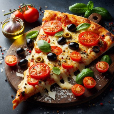 Pizza slice with tomato, olive, and cheese